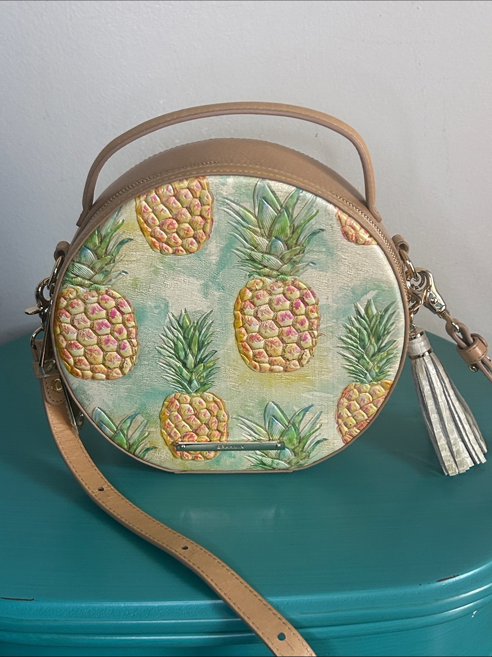 Brahmin Lane Playful Summertime Round Pineapple Print Crossbody Bag in Tan
